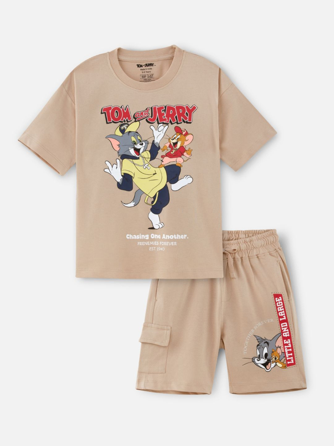 Nap Chief Kids Unisex Tom & Jerry Chasing Printed Pure Cotton T-Shirt & Cargo Shorts