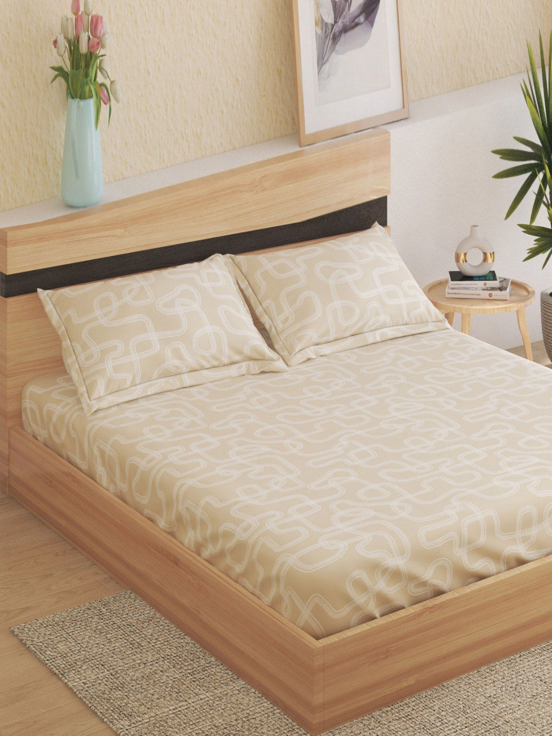 Home Centre Royal Passion Beige Abstract Polyester 160 TC Queen Bedsheet with 2 Pillow Covers-240 x 220 cm