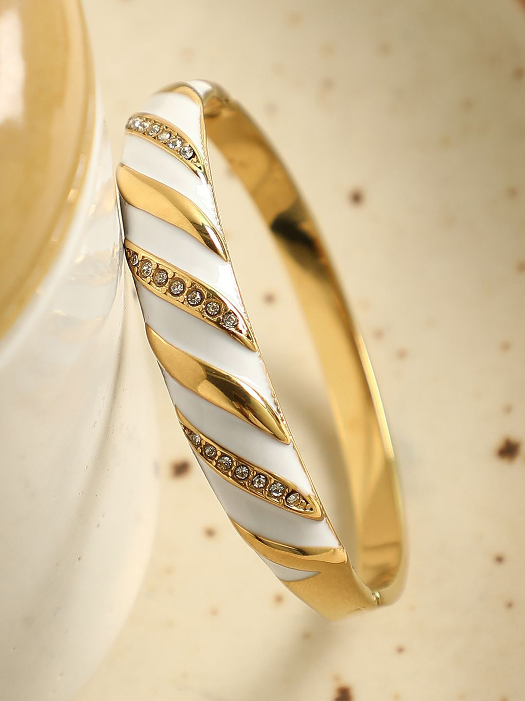 SOHI Candy-Stripe Gold-Plated Artificial Stones Studded Bangle-Style Bracelet