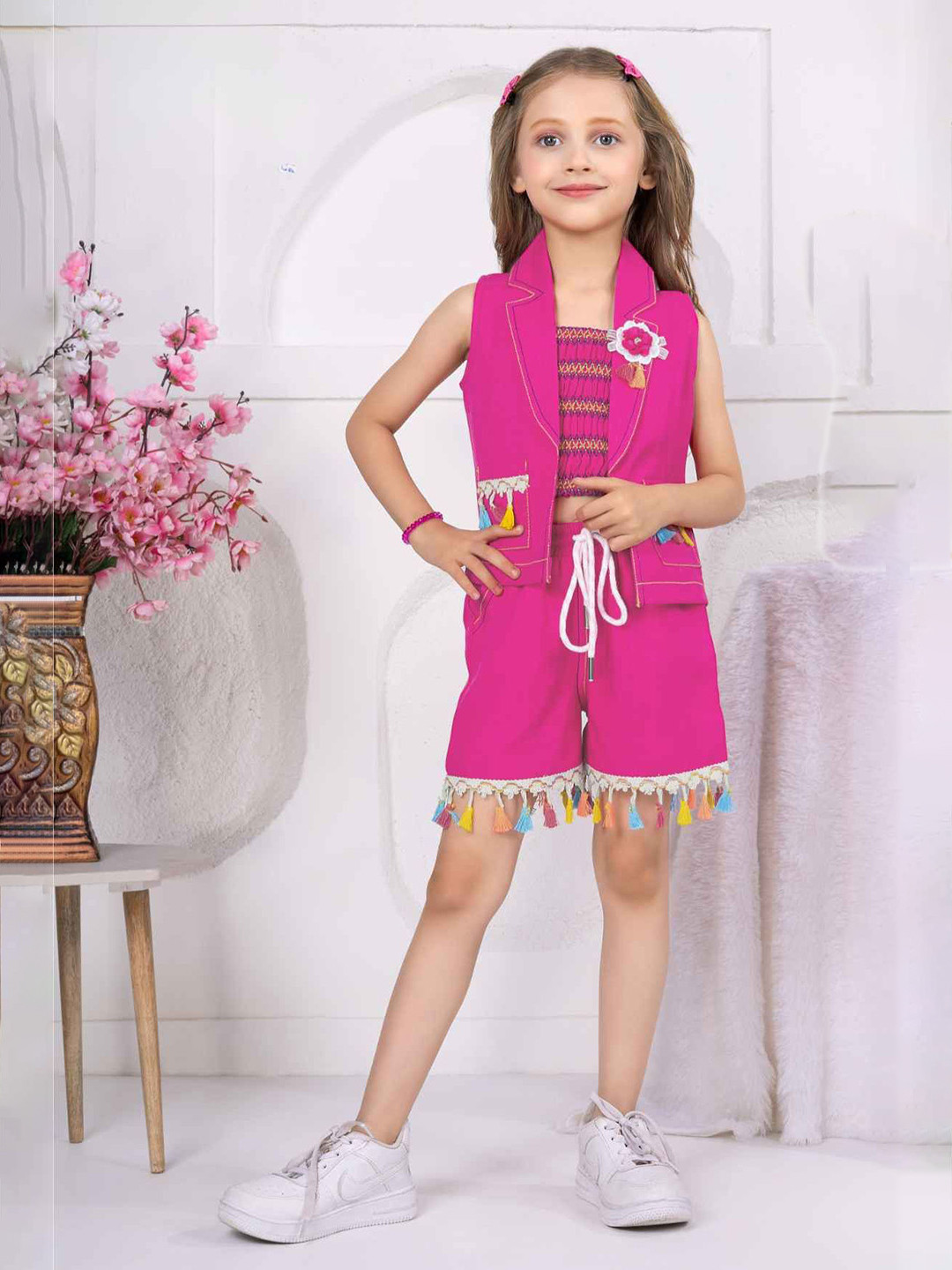 Lagorii Girls Embellished Linen Overcoat With Top And Tassel Work Shorts Set