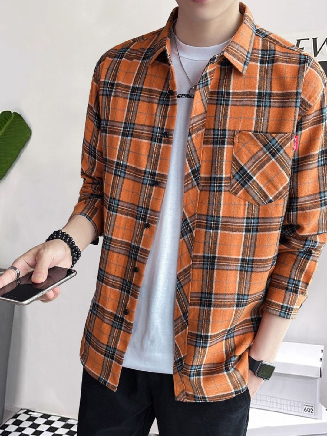 KPOP Original Orange Tartan Checks Casual Shirt