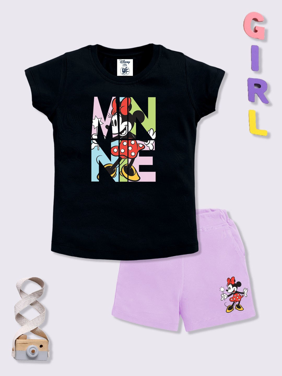 YK Disney Girls Minnie Mouse Printed Pure Cotton T-shirt with Shorts