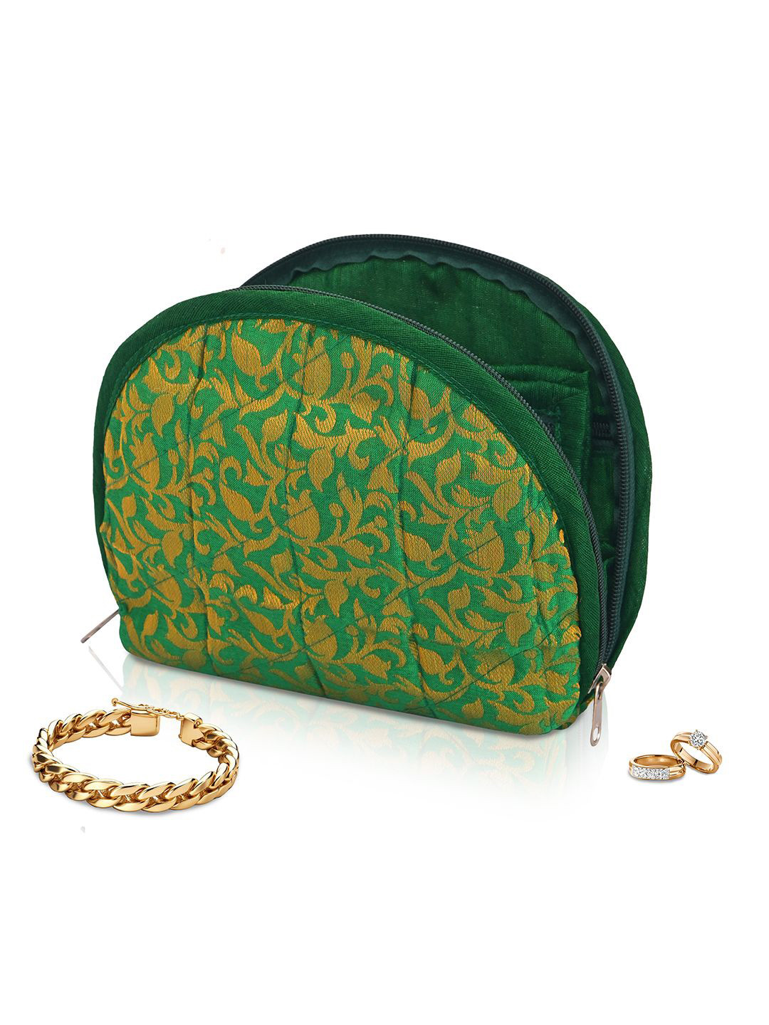 Kuber Industries Green & Gold Toned Printed Cotton Jewellery Kit Organiser With 4 Pouches