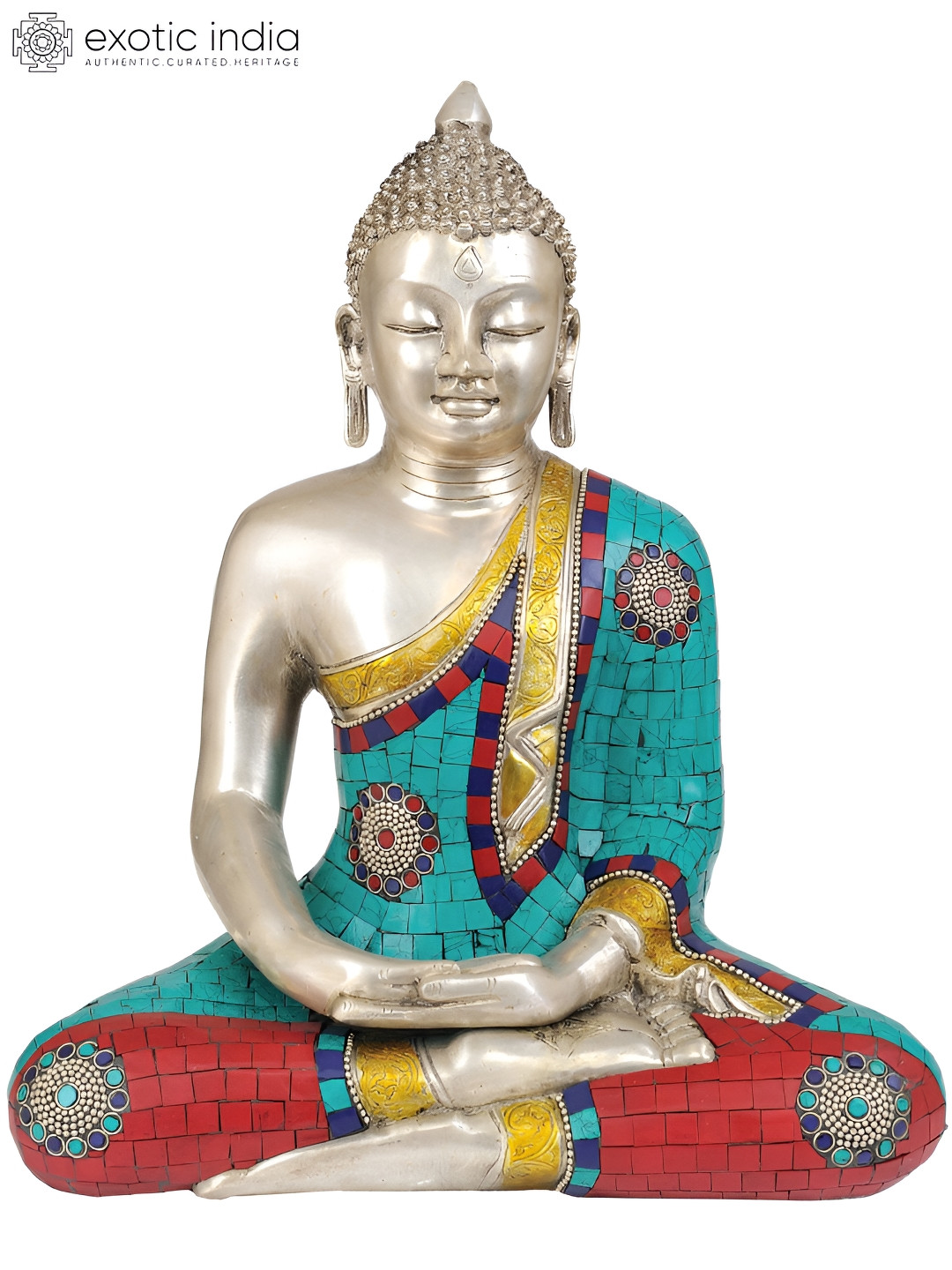 Exotic India Lord Buddha in Dhyana Mudra Silver Brass Metallic Home Office Medium Showpiece - 14 Inches