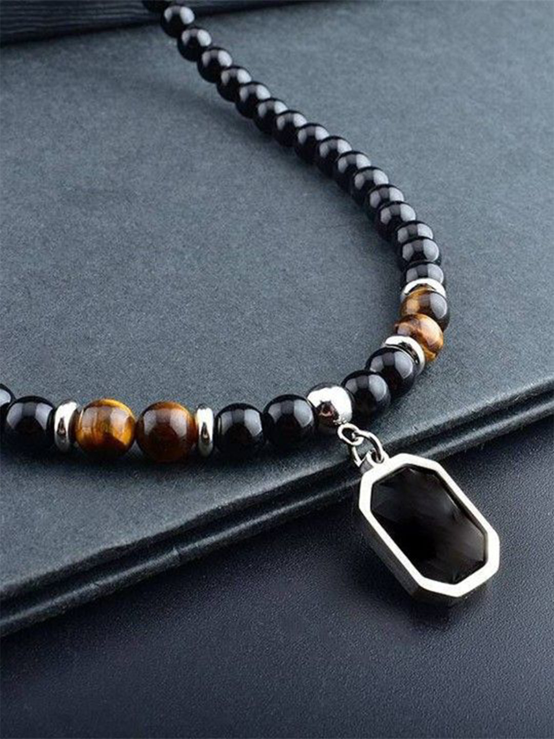 AGARWALPRODUCT Silver-Plated Onyx & Tiger Eyes Beaded Chain