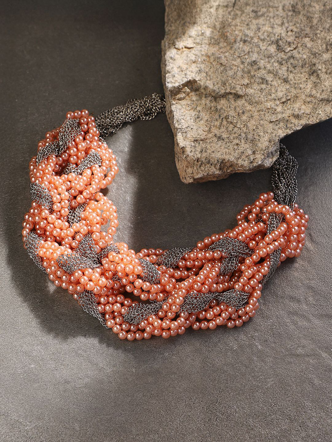 SOHI Silver-Plated Braided-Beaded Statement Necklace