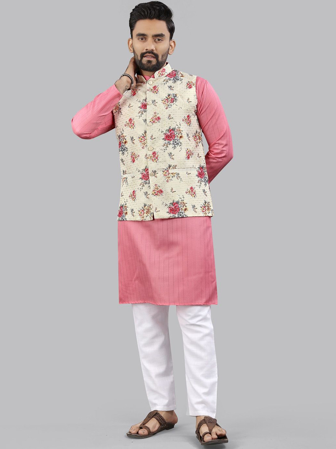 Leipzig Fashion Striped Mandarin Collar Straight Kurta With Pyjamas And Nehru jacket