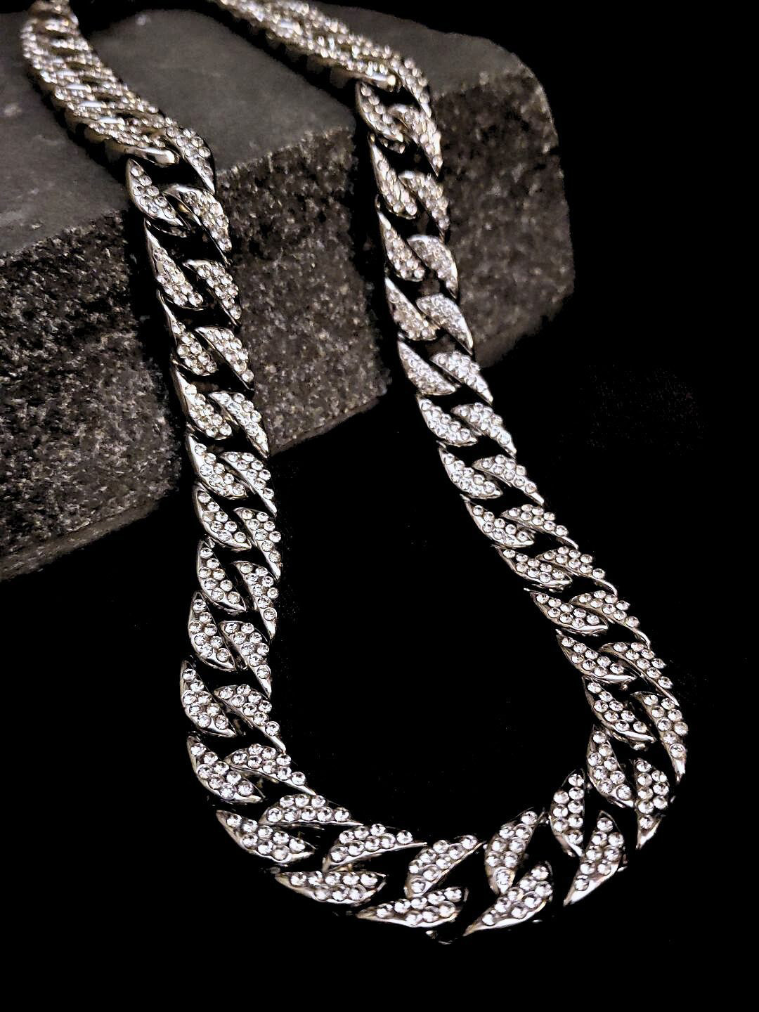 RaasRani Men Rhodium-Plated Stainless Steel Iced Out Double-line CZ-Studded Chain