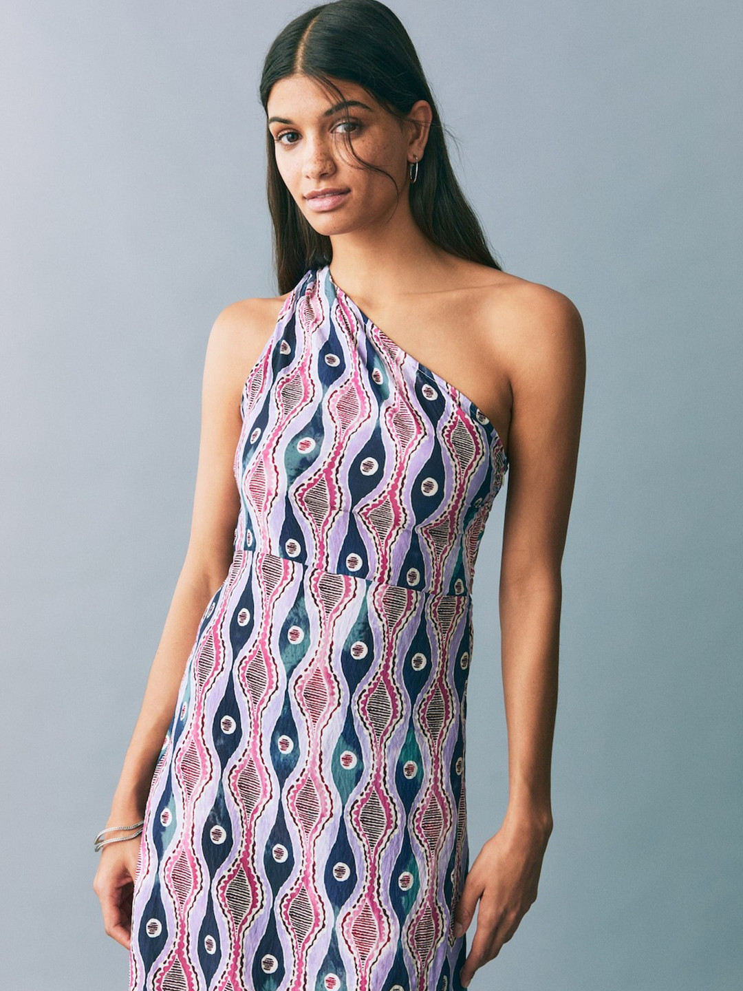 MANGO Conversational Print One Shoulder Backless Maxi Dress