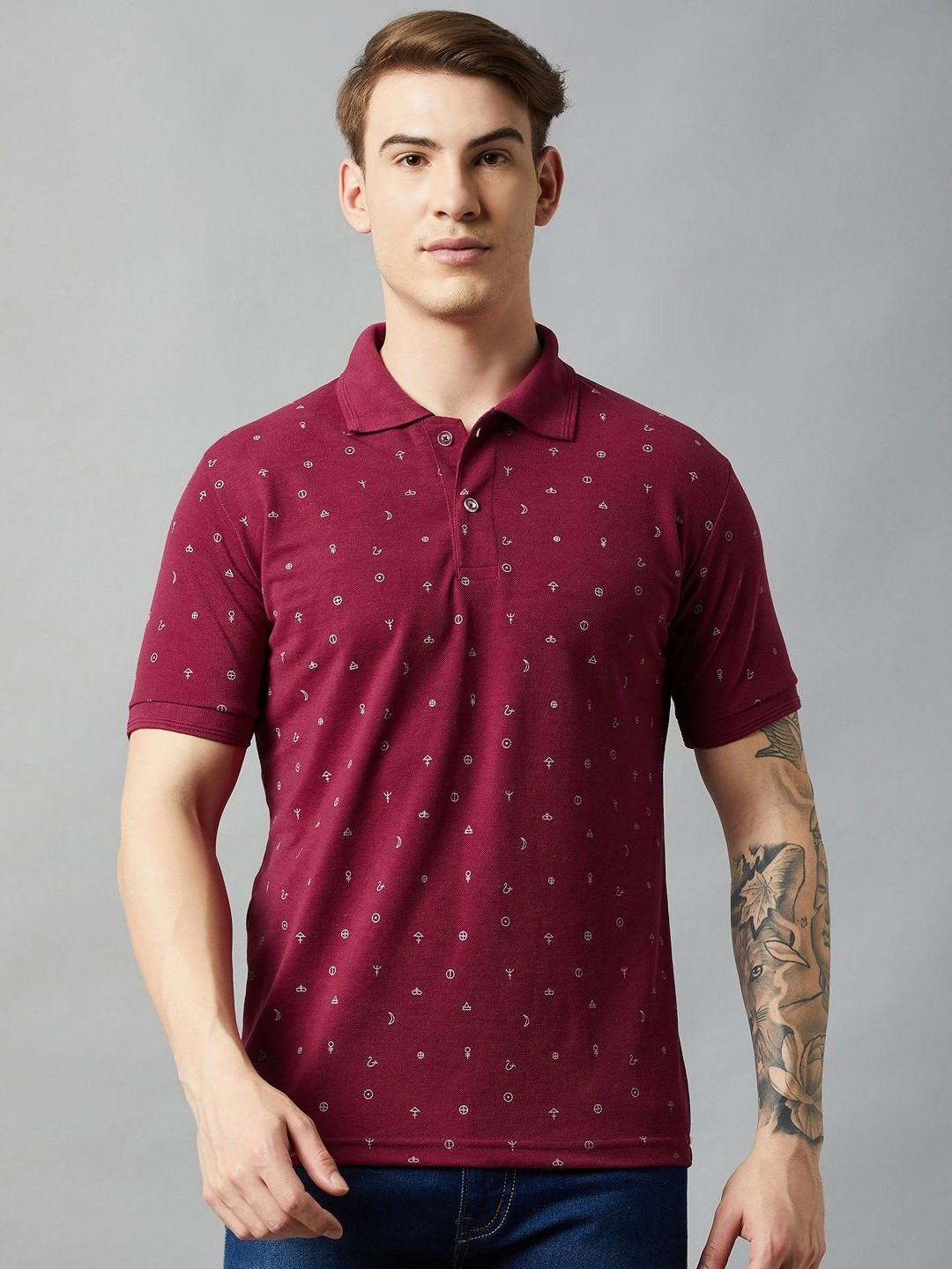 Maroon & White Self Design Polo Collar Cotton T-shirt