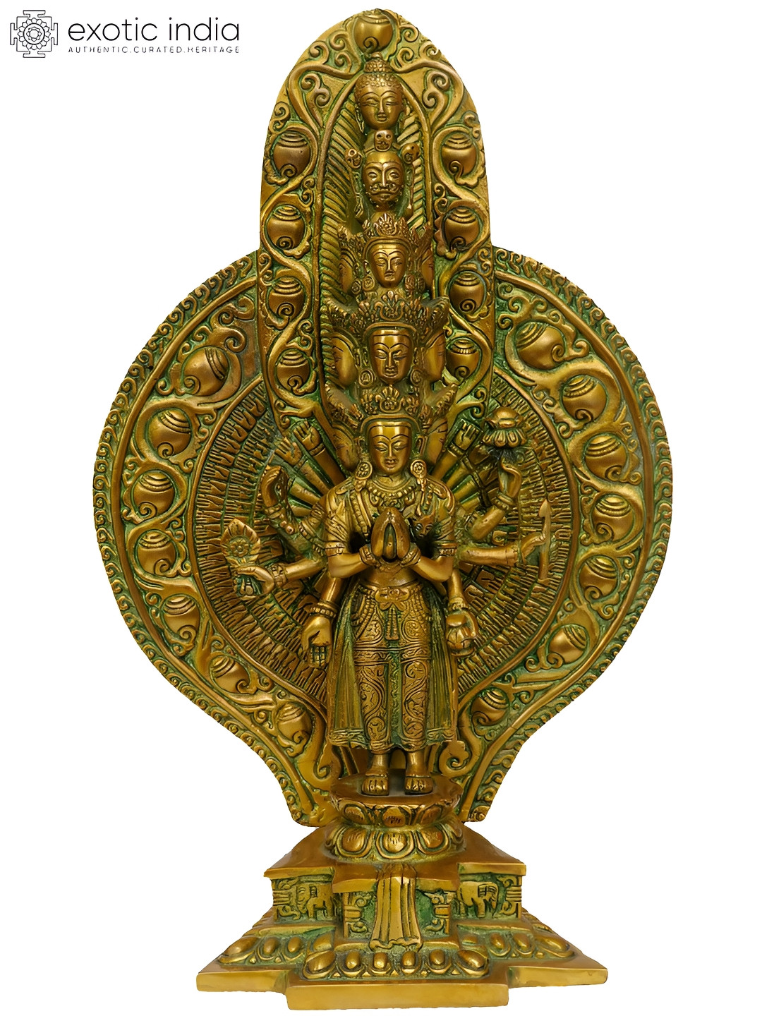 Exotic India Eleven-Headed Thousand-Armed Avalokiteshvara Green Brass Metallic Prayer Room Hand Made Medium Showpiece - 15 Inches