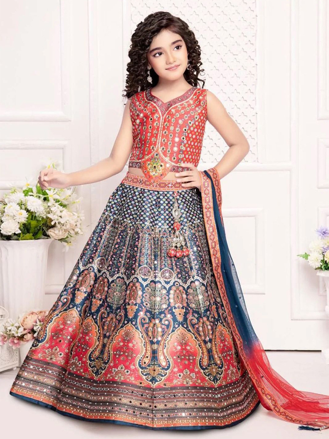 NKV Girls Printed Ready to Wear Lehenga & Blouse With Dupatta