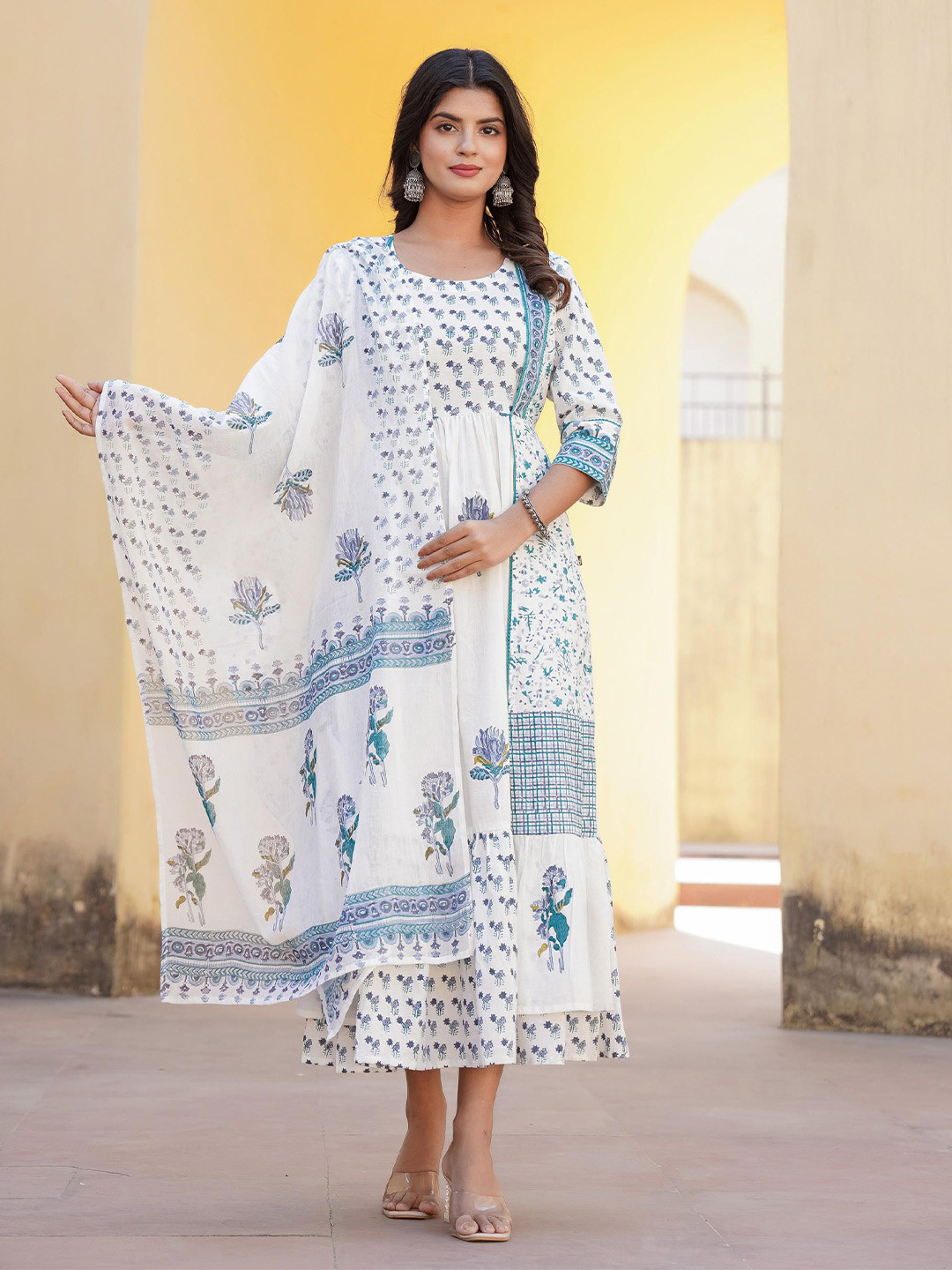 Juniper Women Floral Printed Cotton Dress & Dupatta With Lace