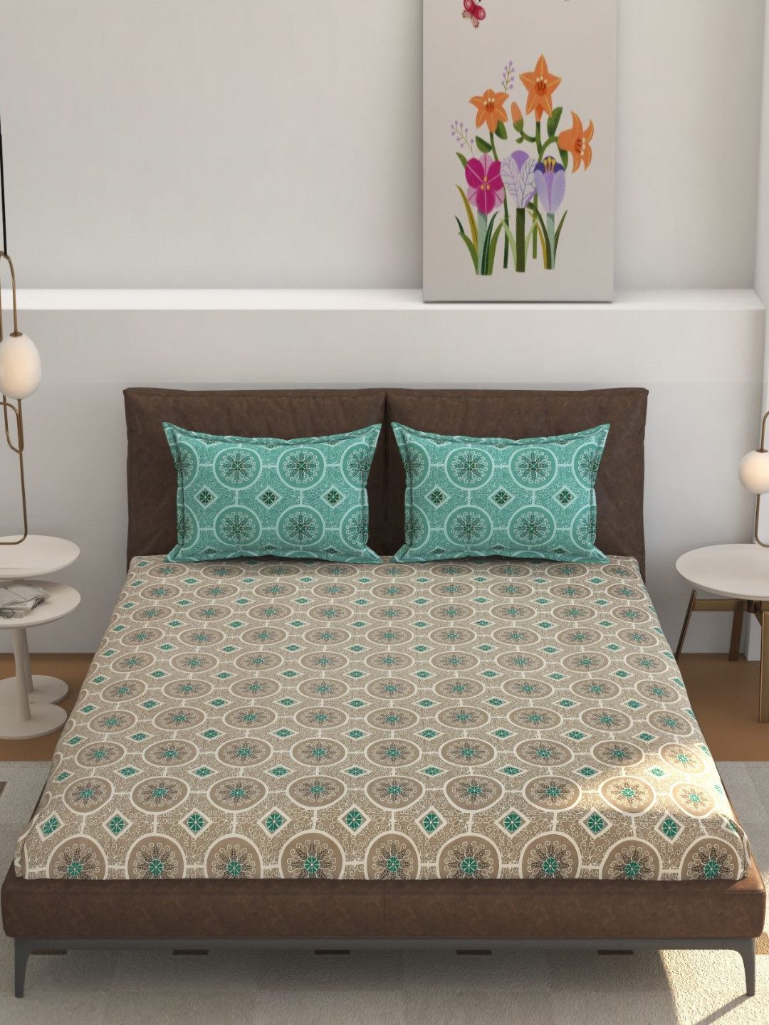 REALDREAM Presents Luxurious Beige Floral Cotton 300 TC Fitted King Fine Bedsheet with 2 Pillow Covers-78 x 72 inches