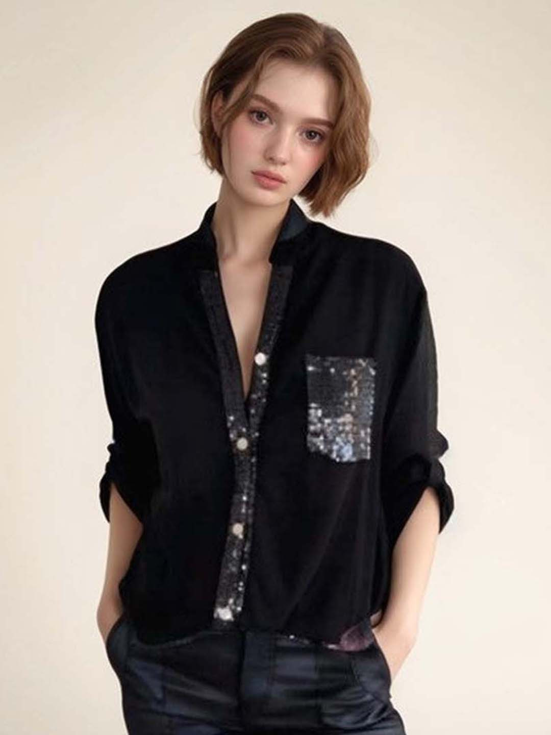 Outzidr Roll-Up Sleeves Shirt Style Top