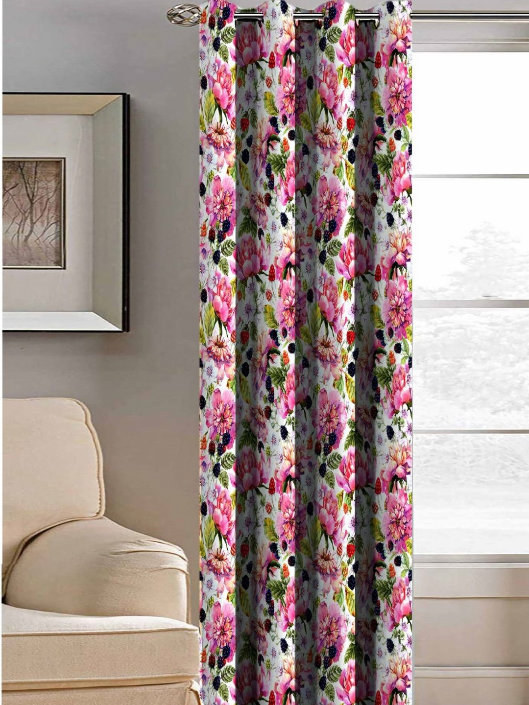Aura White & Pink Floral Printed Light Blocking Long Door Curtain