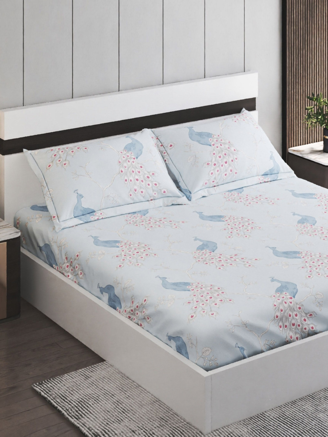 Home Centre Lounge Fur Blue Ethnic Motifs Polyester 160 TC Queen Bedsheet with 2 Pillow Covers-94 x 87 inches