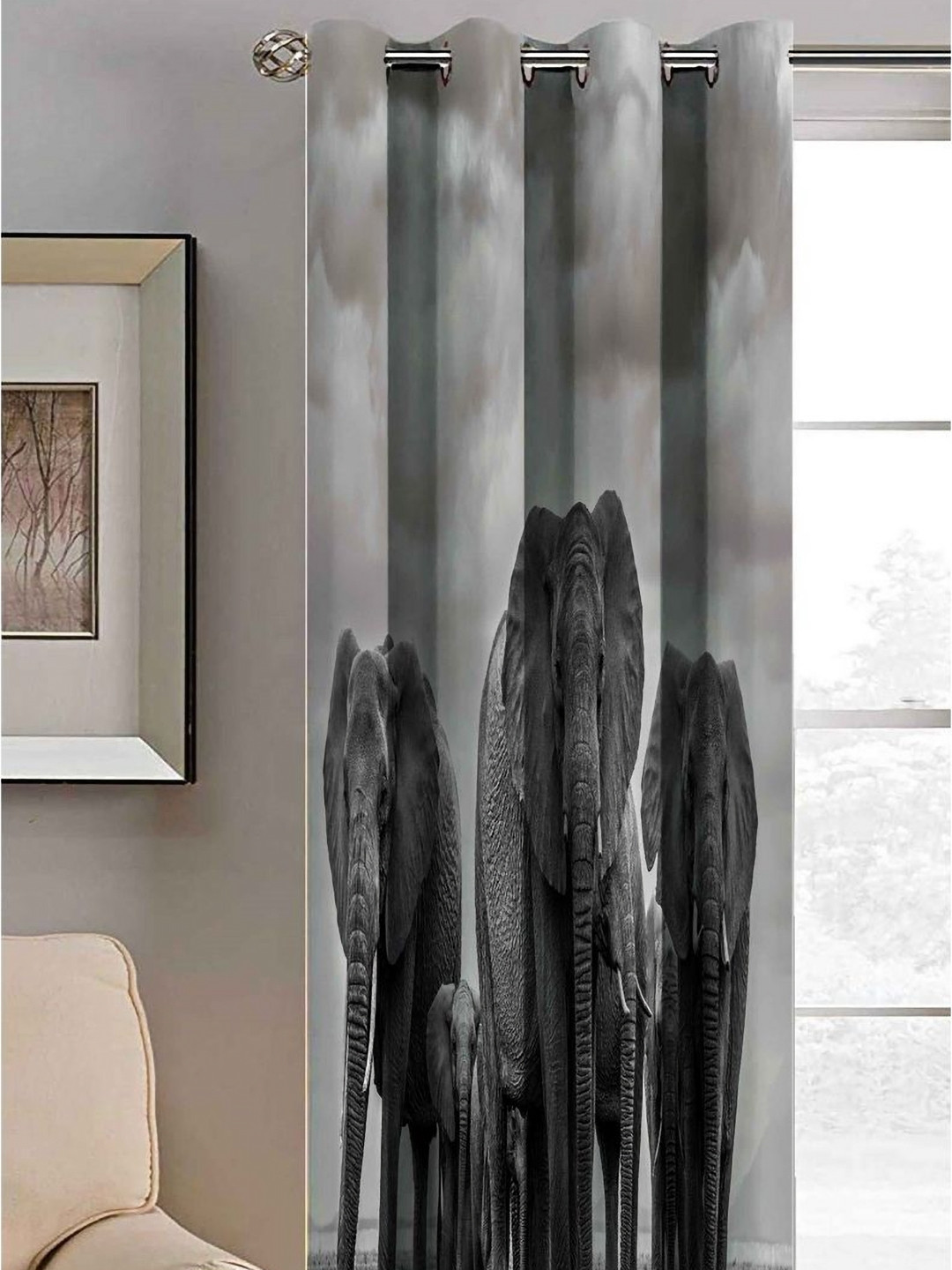 Aura Black & Grey Elephant Printed Light Blocking Window Curtain