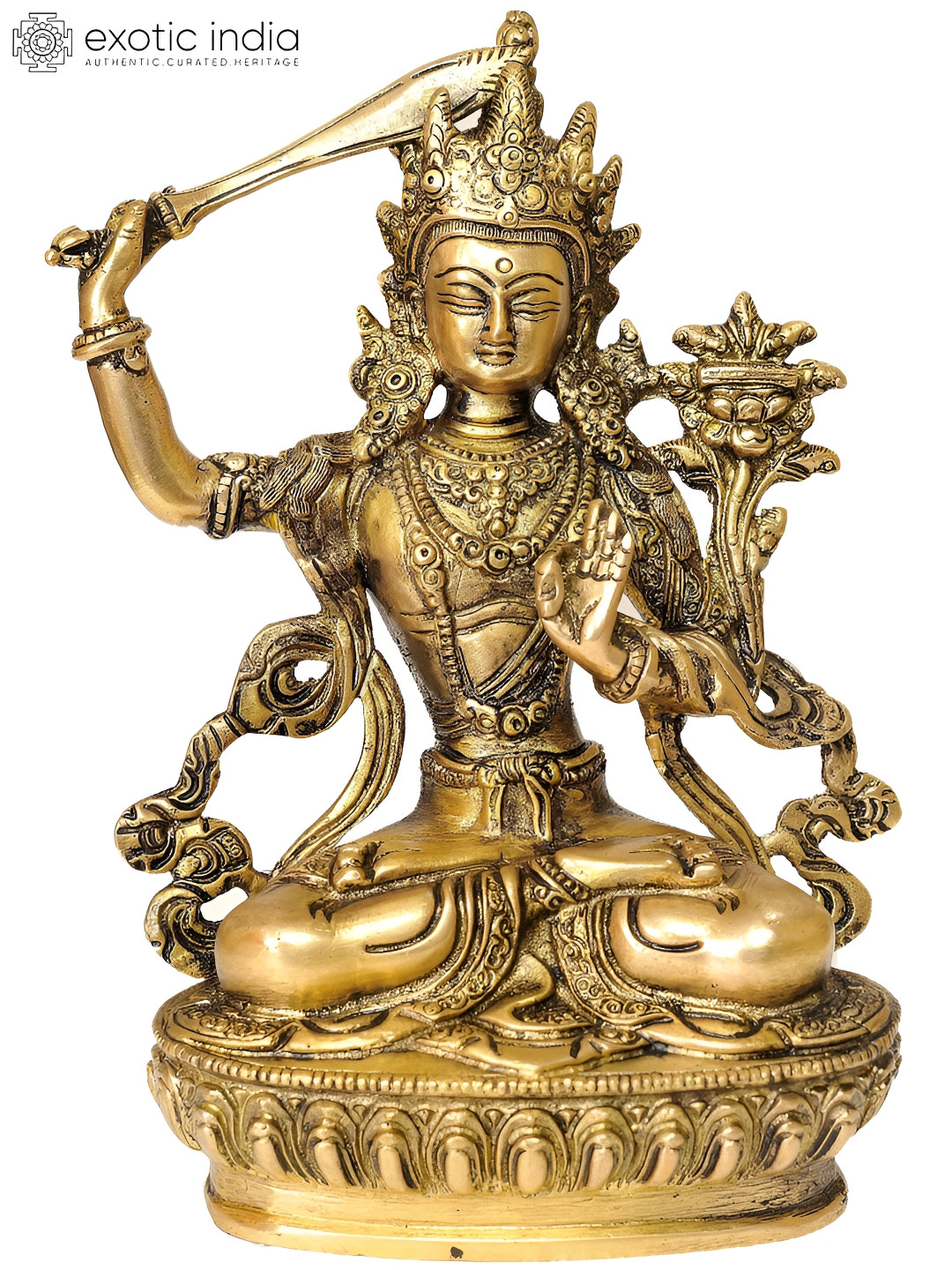 Exotic India Tibetan Buddhist Deity Manjushri Gold Brass Metallic Prayer Room Medium Showpiece - 8.5 Inches