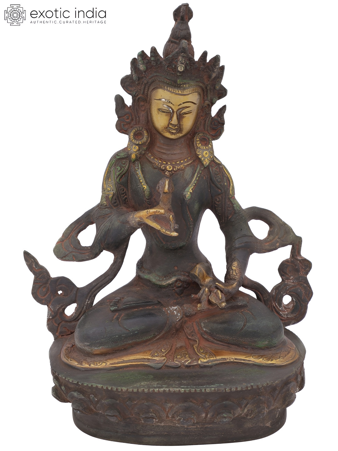 Exotic India Tibetan Buddhist Deity Vajrasattva Gold Brass Metallic Living Room Medium Showpiece - 8.5 Inches