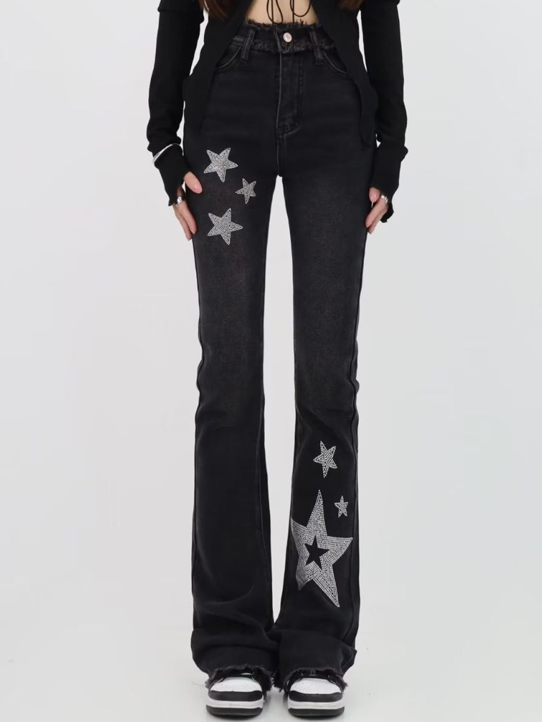 KPOP Women Flared Bootcut Trousers with Star Embellishments