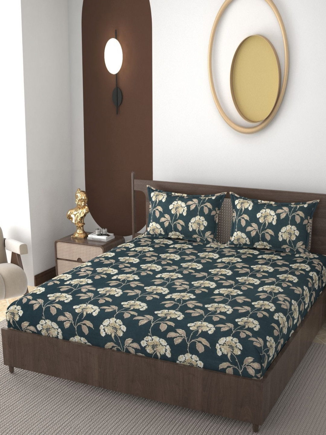 REALDREAM Presents Luxurious Black Floral Cotton 300 TC Fitted King Fine Bedsheet with 2 Pillow Covers-78 x 72 inches