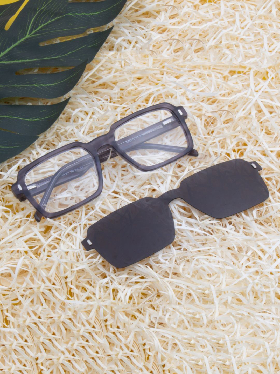 Ted Smith Unisex Grey-Black Square Acetate Clip On Frames Clip On Sunglasses With Polarized Lens