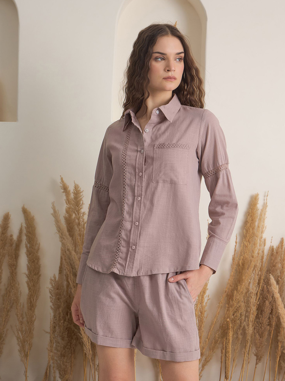 SANSKRUTIHOMES Women Mauve Color Dyed Pure Cotton Shirt Collar Co-Ords Set