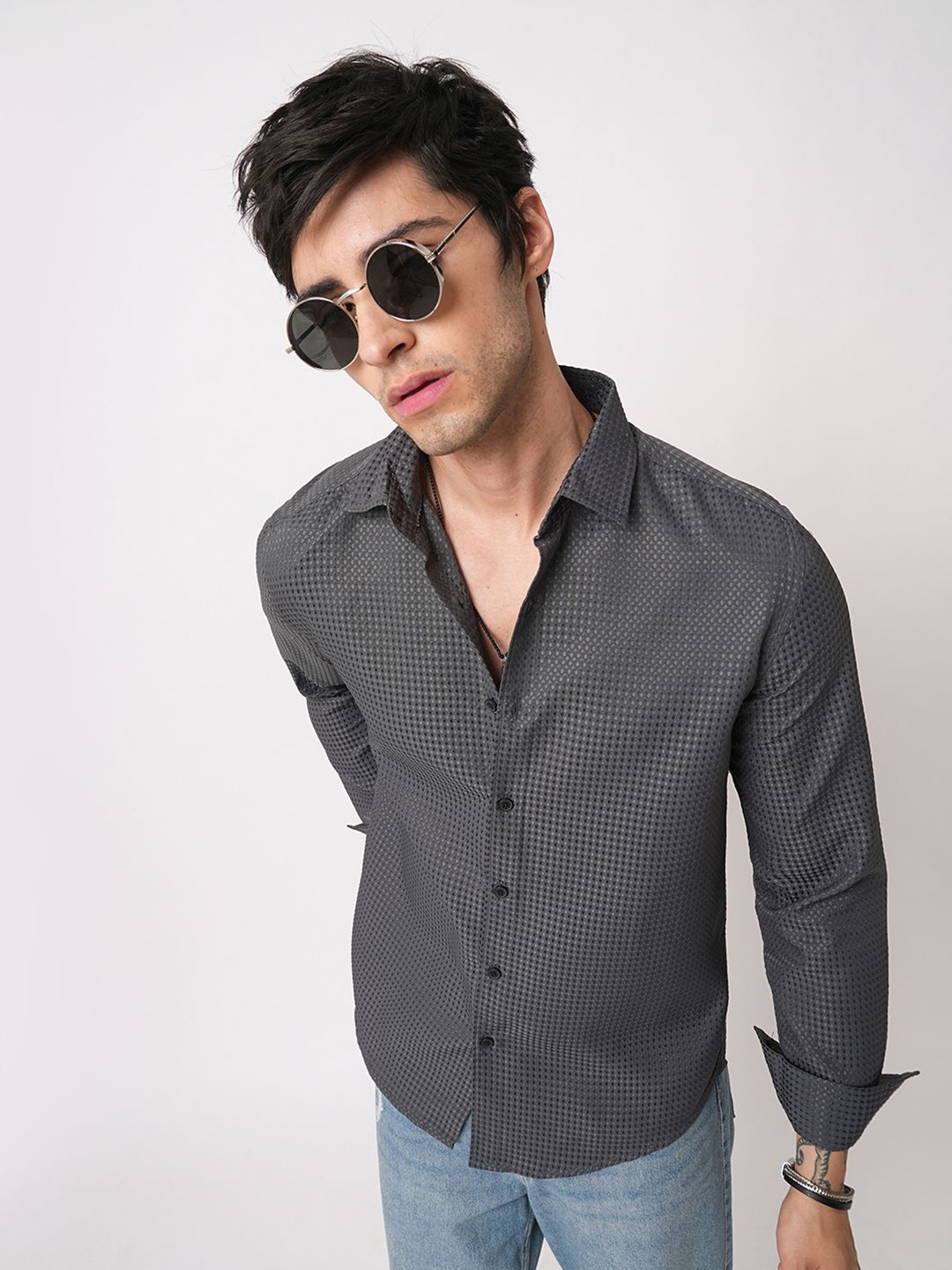 VASTRADO Men Refined Charcoal Grey Embossed Slim Fit Shirt