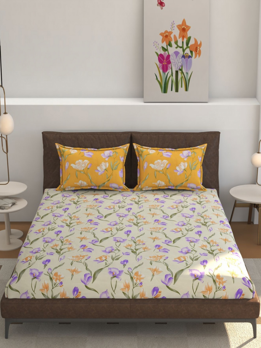 REALDREAM Presents Luxurious White Floral Cotton 300 TC Fitted King Fine Bedsheet with 2 Pillow Covers-108 x 108 inches
