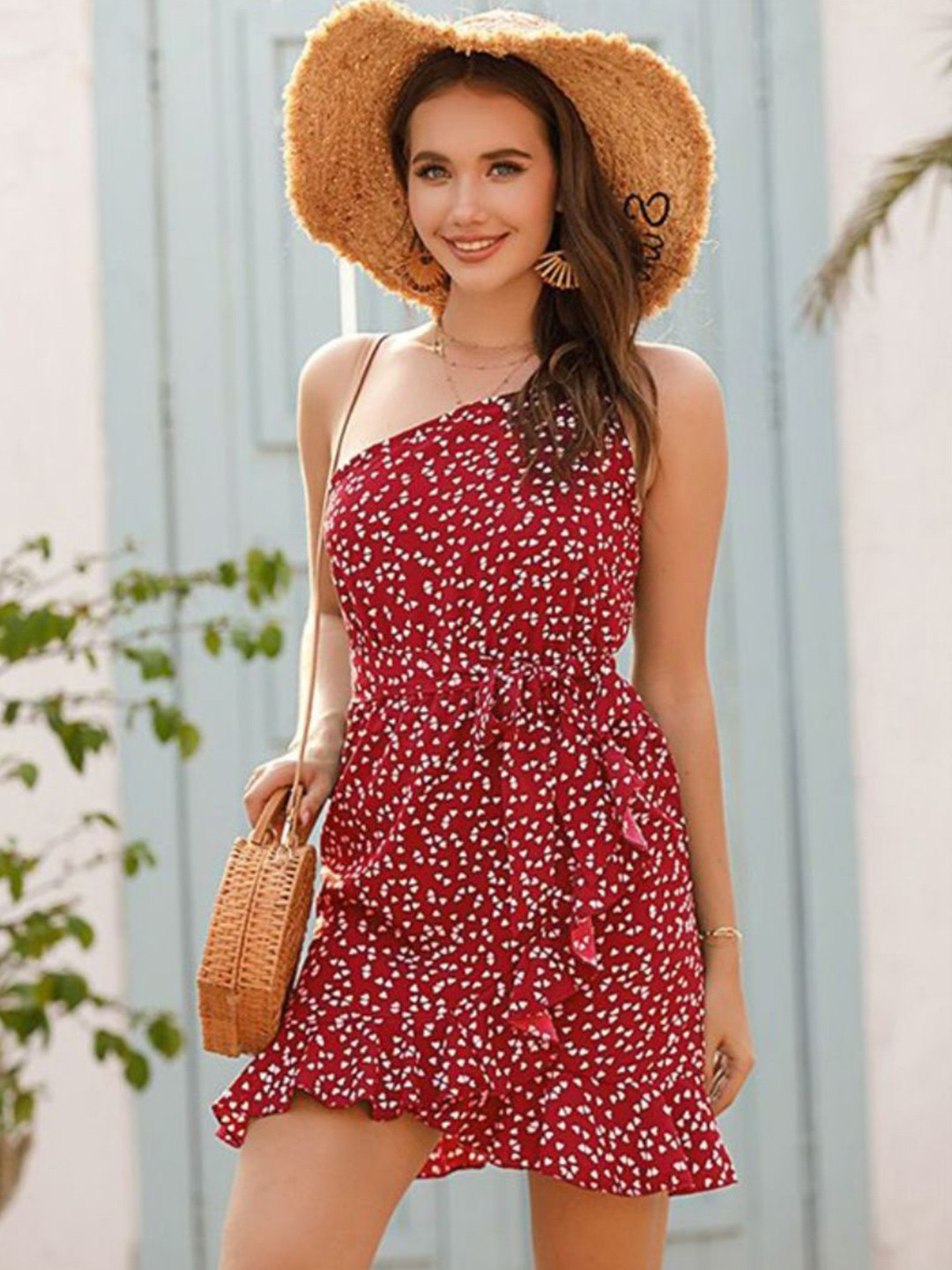 all about you Women Polka Dot Print One Shoulder A-Line Dress