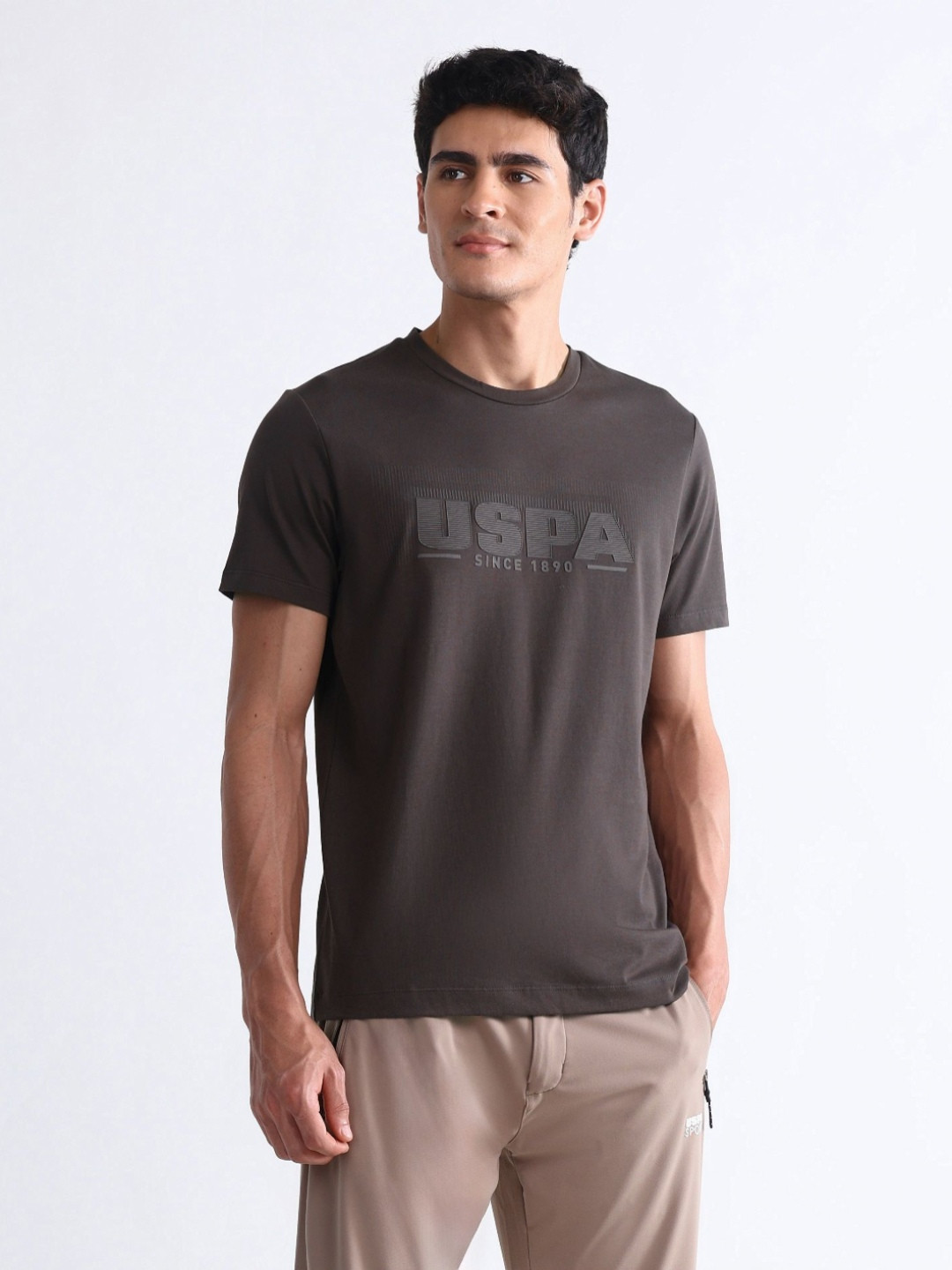 USPA Sport Brand Logo Printed Round Neck Short Sleeves Slim Fit T-shirt