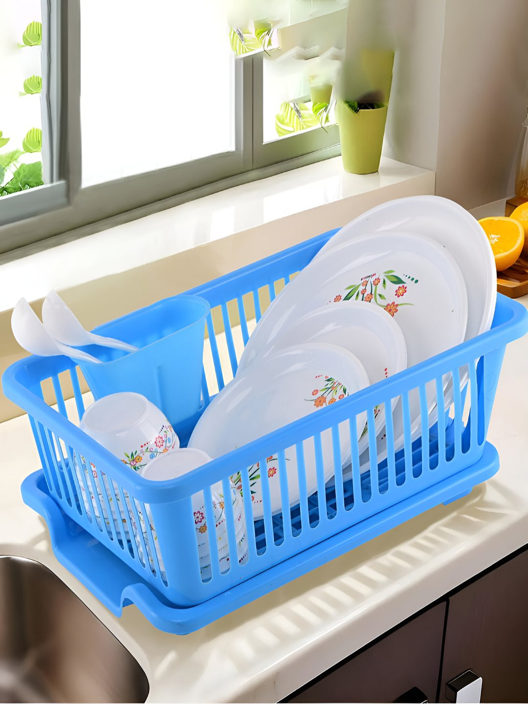 Myntra Elegant Homes Blue 3-In-1 Dish Rack With Draining Tray