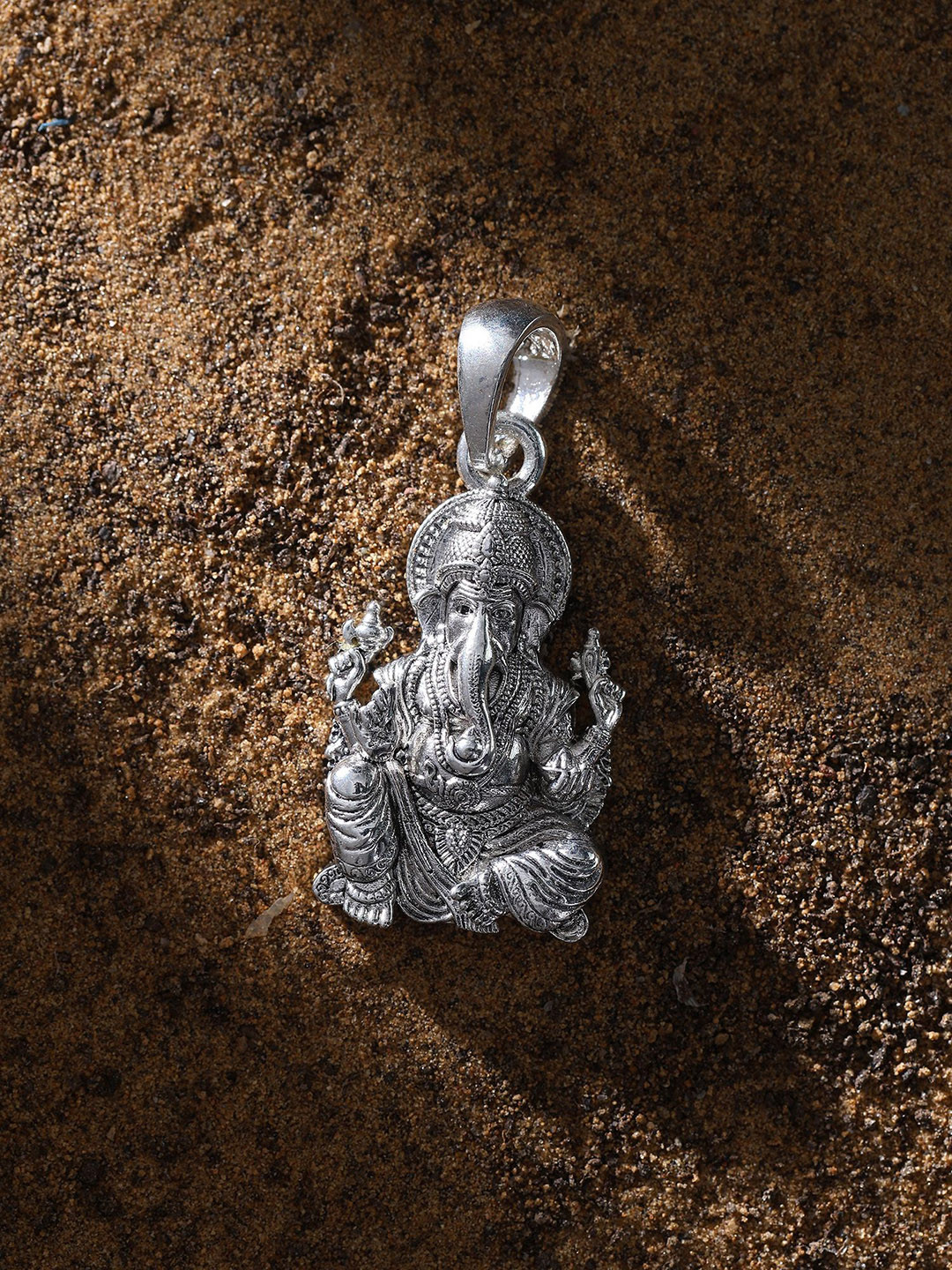 Exotic India Sterling Silver Contemporary Chaturbhuja Lord Ganesha Seated on Lotus Pendant
