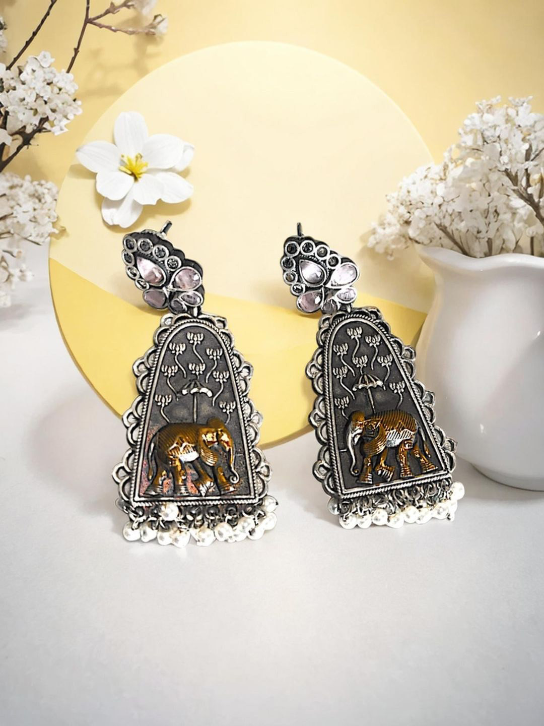 Bucciato Private Limited Silver-Plated Stone Studded & Beaded Jhumkas Earrings