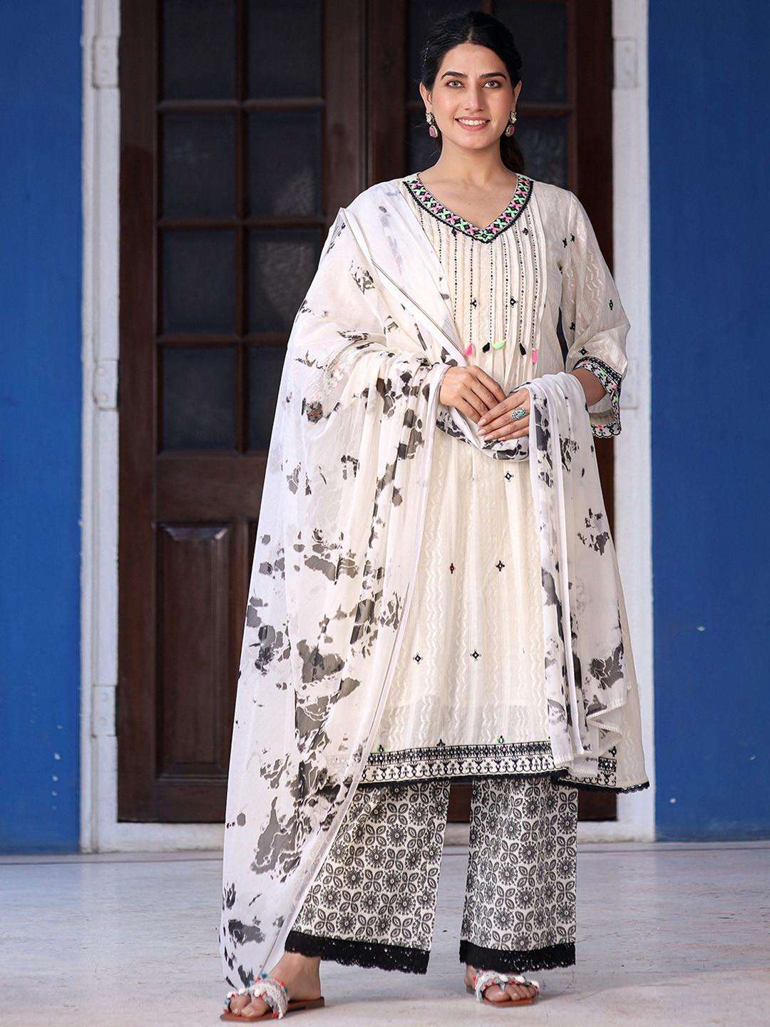 Aralia Floral Embroidered V-Neck Pure Cotton Kurta With Palazzos & Dupatta