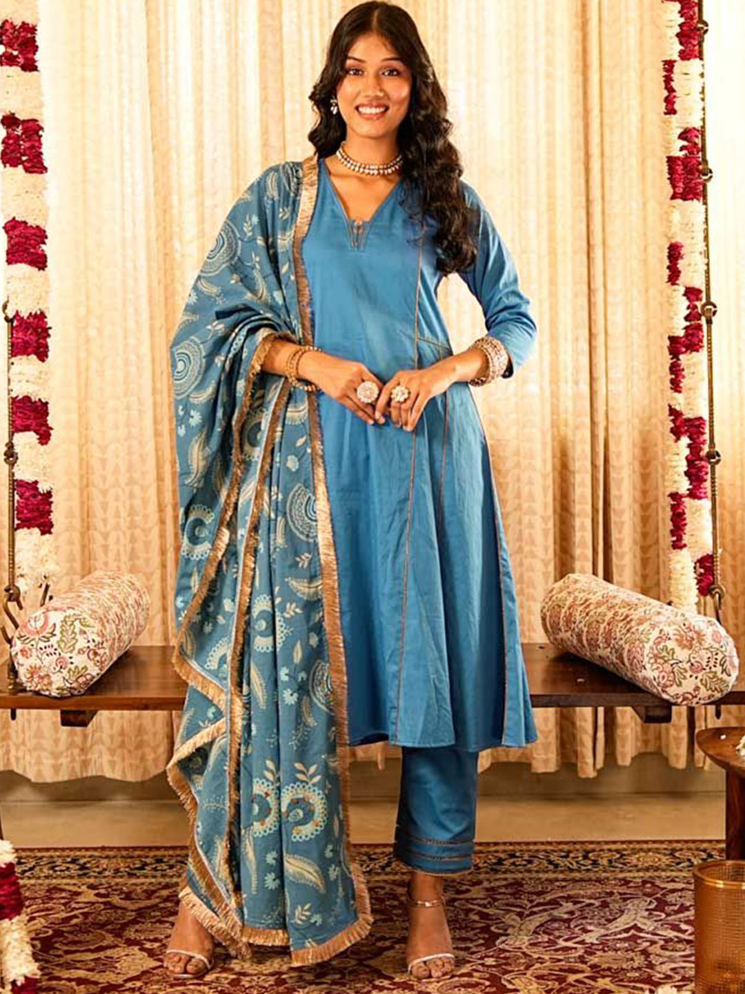 AKISO Women Set of 3 Blue Panelled Anarkali Kurta with Straight Pants and Printed Dupatta