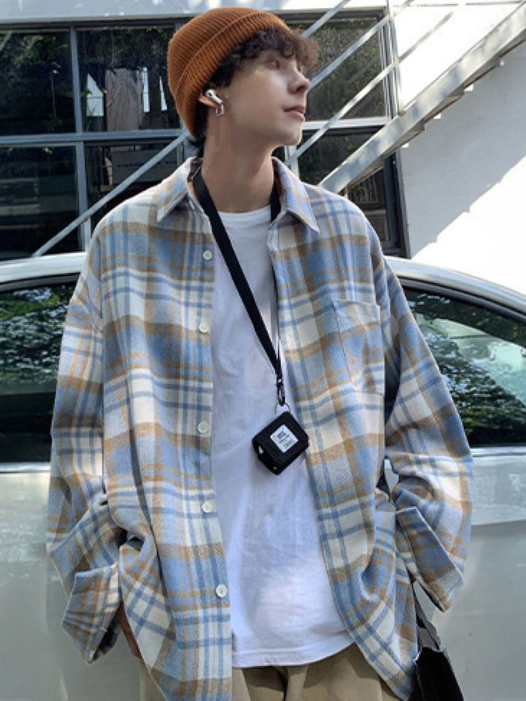 KPOP Original Shepherd Checked Spread Collar Long Sleeves Original Fit Casual Shirt