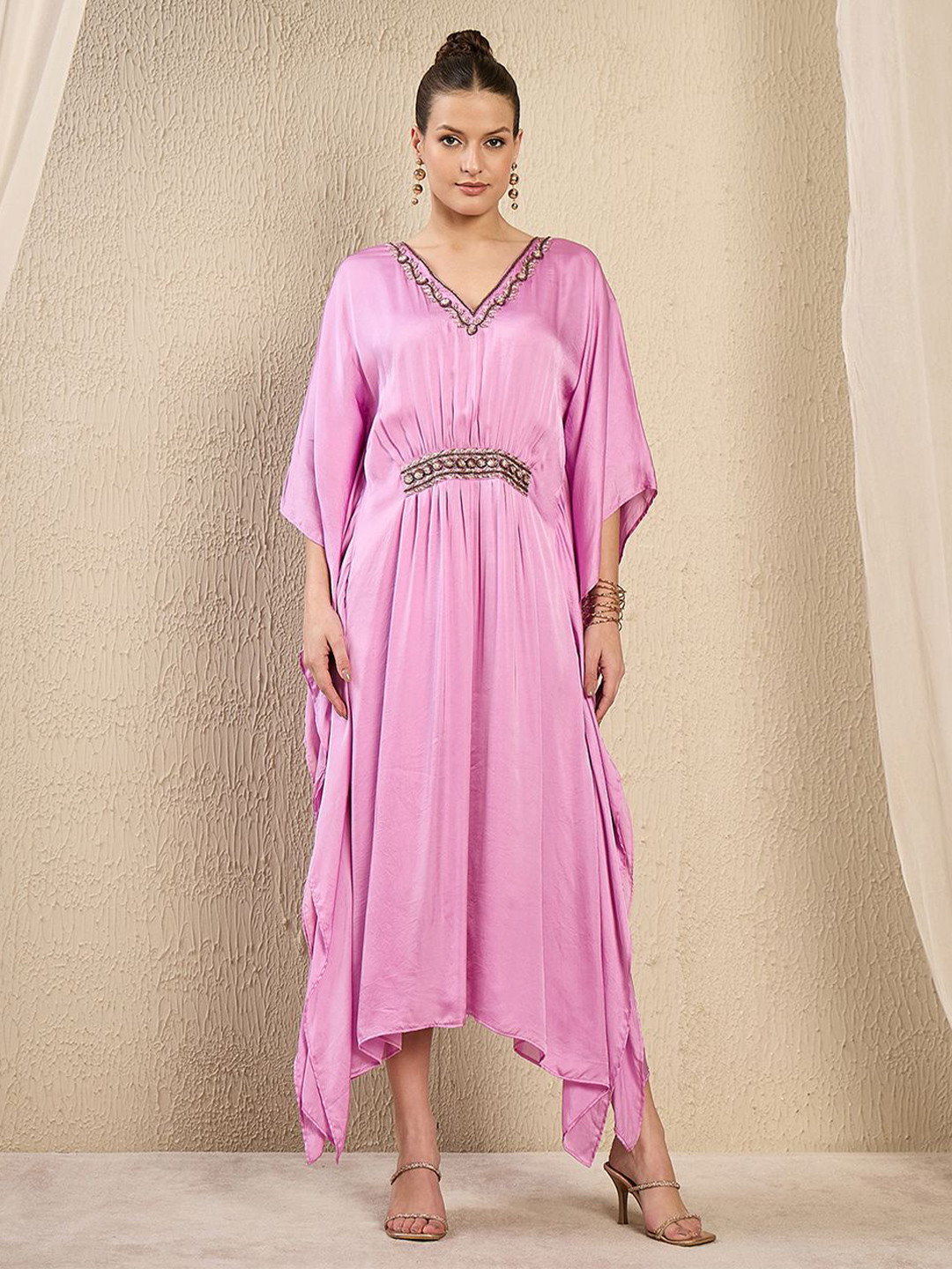 First Resort by Ramola Bachchan Women Embroidered Batwing  Satin Kaftan Maxi Dress