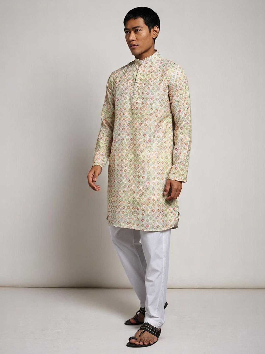 TRYBUY.IN Floral Printed Band Collar Cotton Kurta