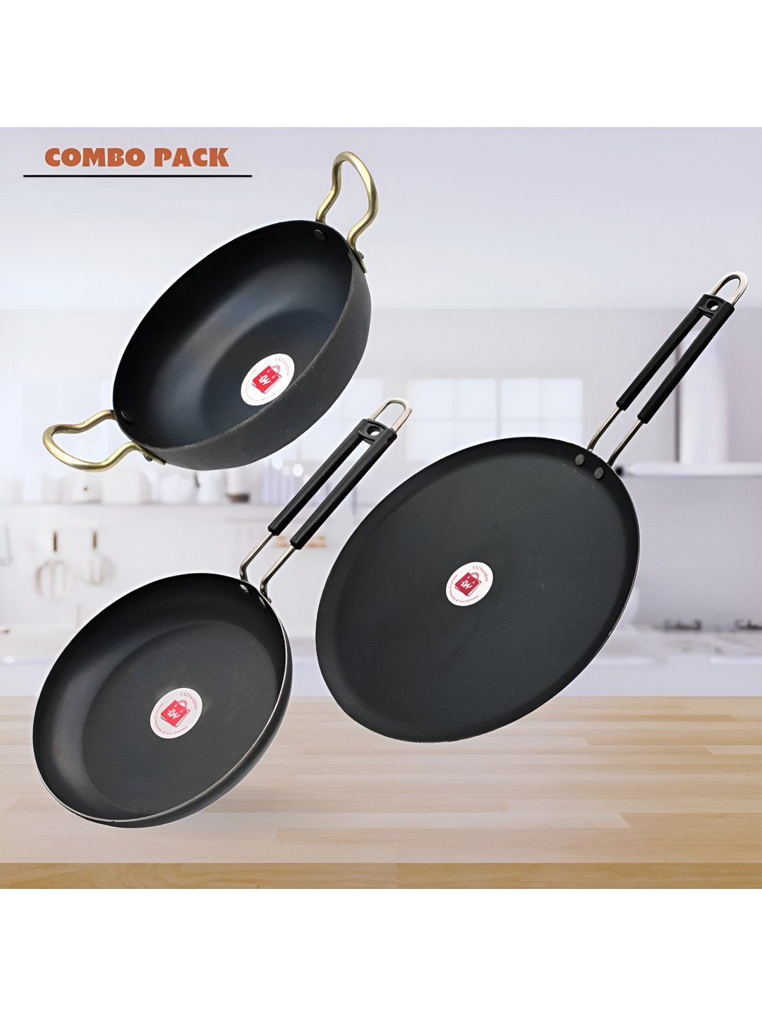 LAZYwindow Black 3 Pieces Iron Tawa, Kadhai And Fry Pan