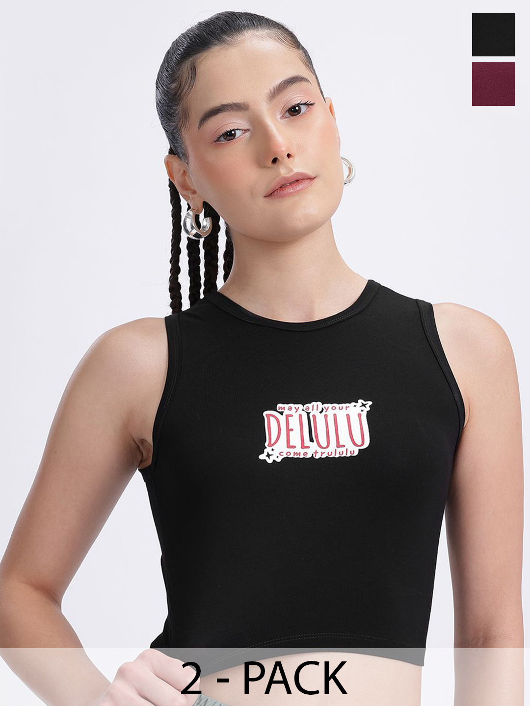 SZN Women Pack Of 2 Graphic Printed Sleeveless Tank Crop Tops