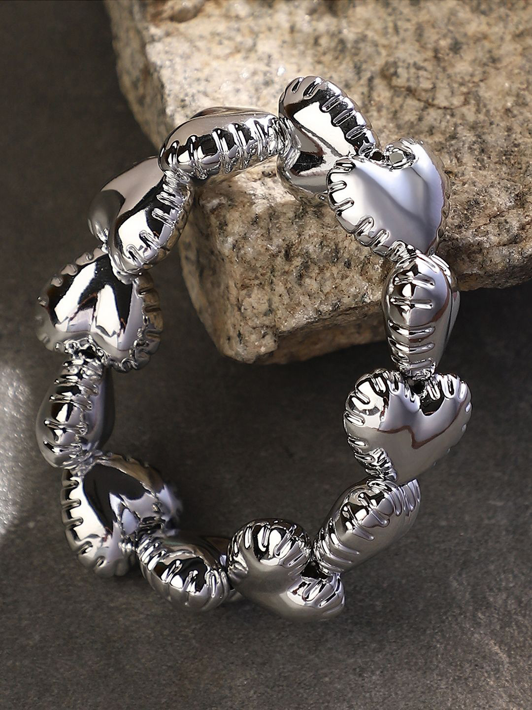 SOHI Women Metallic Silver-Plated Puffer-Cuoer Beaded Elasticated Bracelet