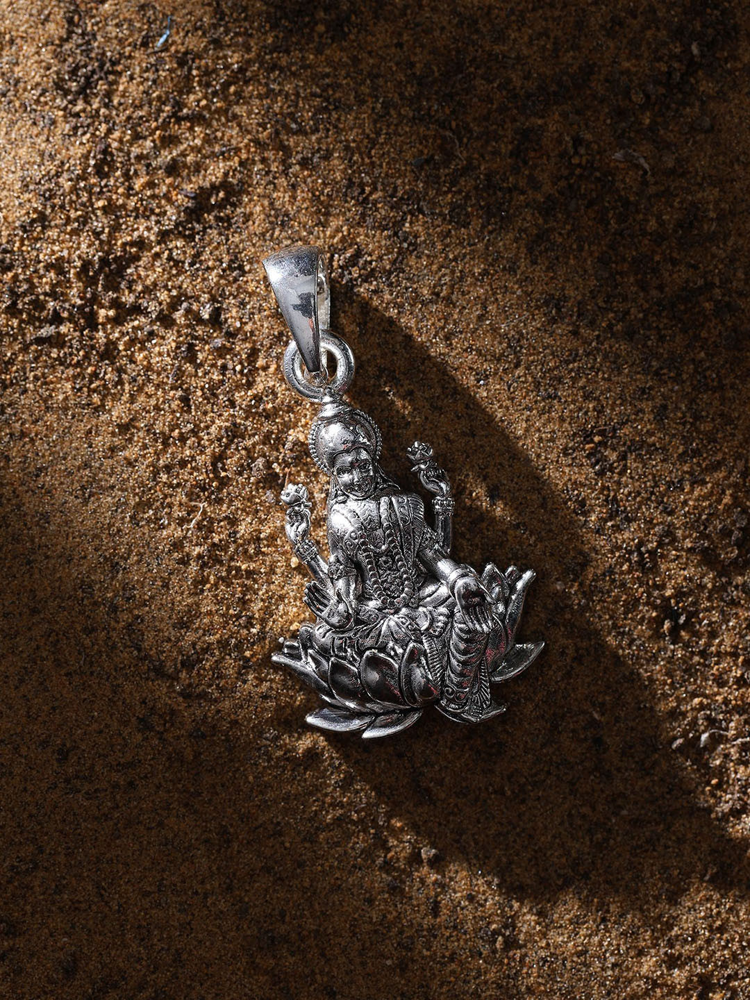 Exotic India Sterling Silver Contemporary Goddess Lakshmi Seated on Lotus Pendant