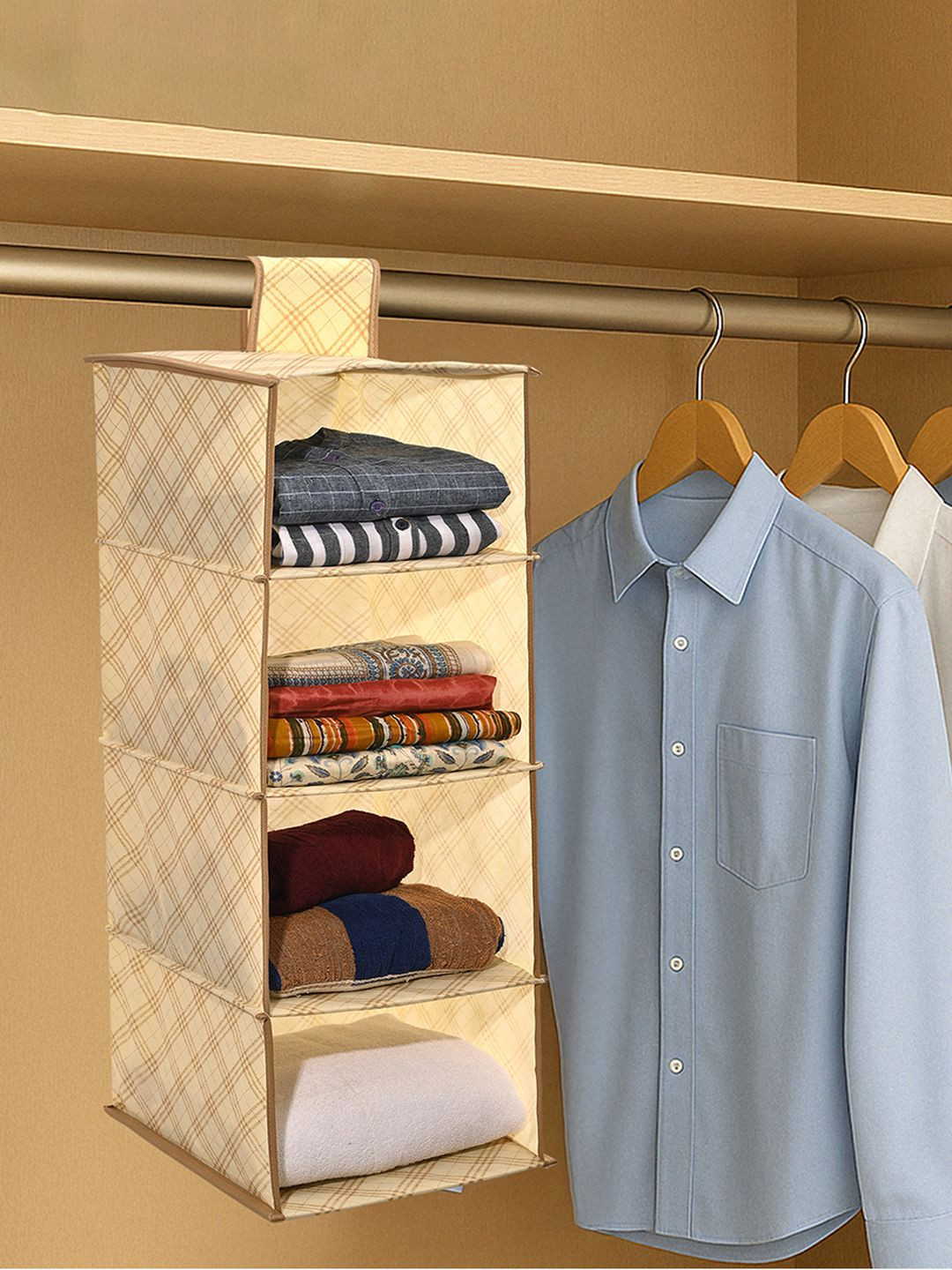 Kuber Industries Cream Non Woven Foldable 4 Shelf Hanging Closet Organisers
