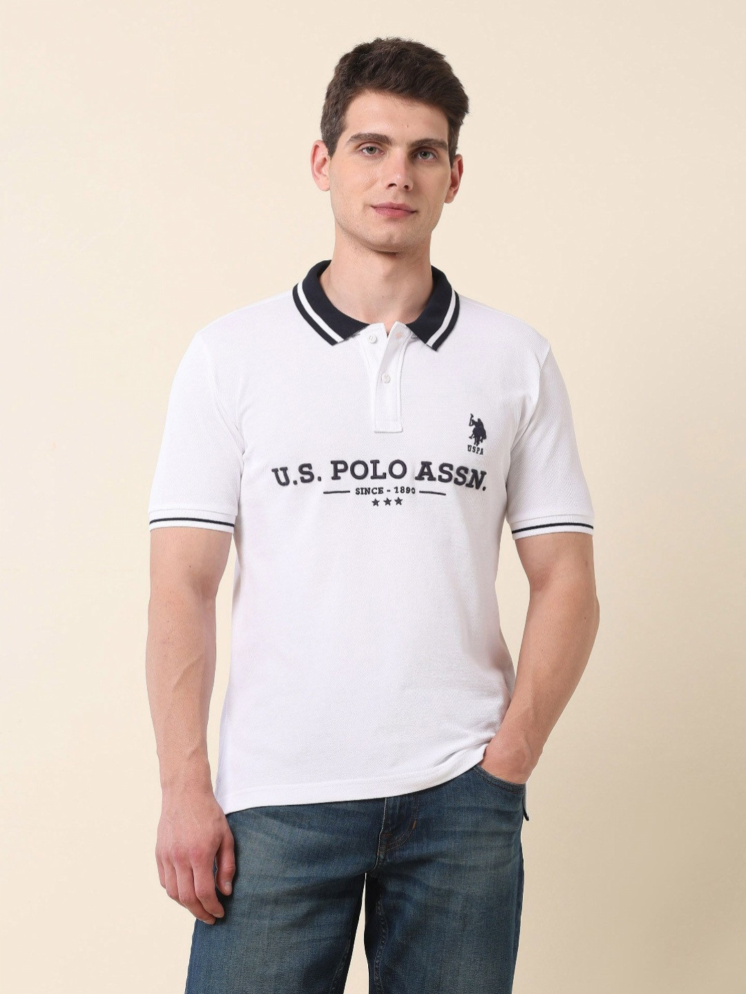 U.S. Polo Assn. Men Brand Logo Embroidered Gold Cup Polo Collar T-shirt
