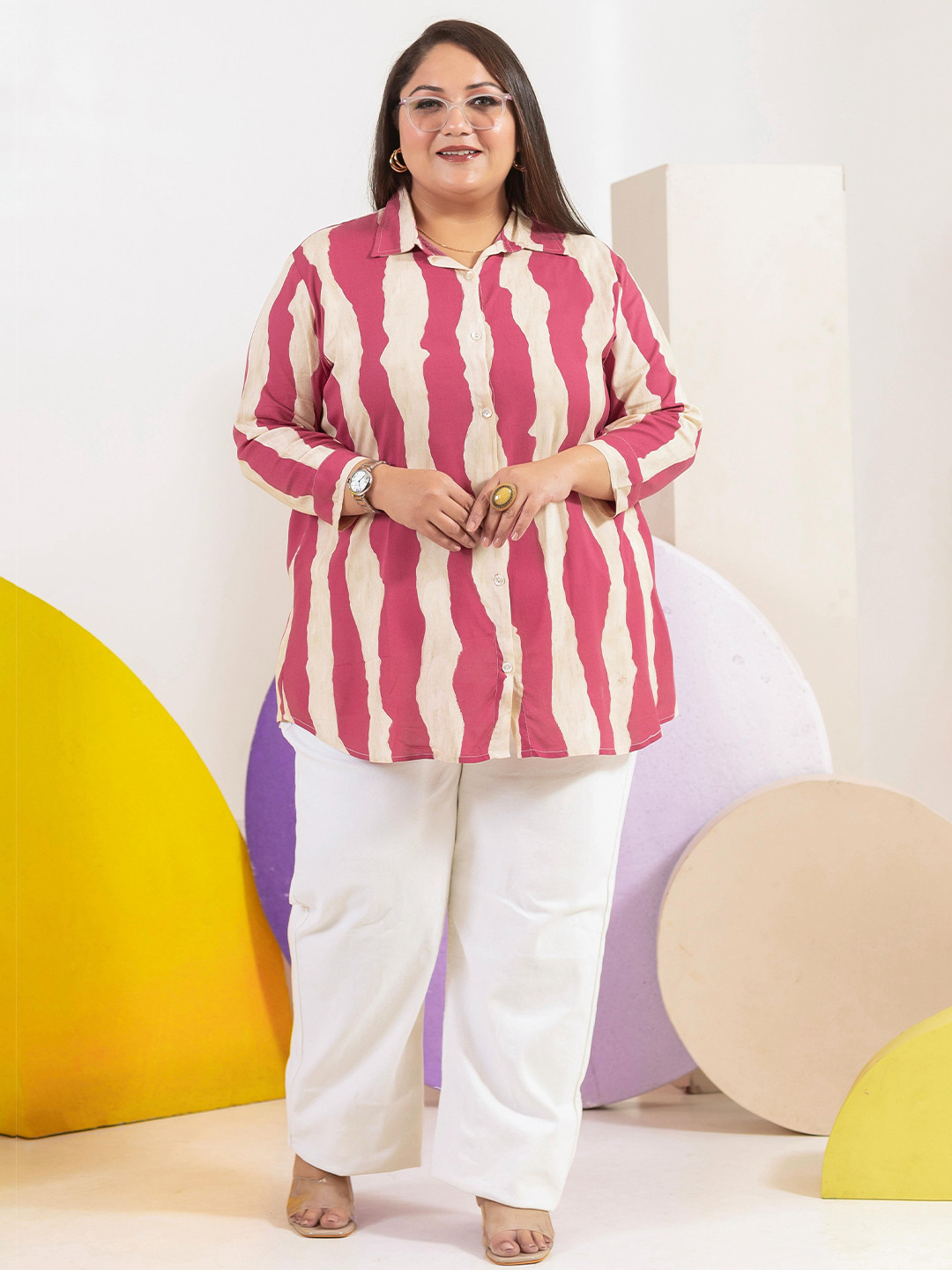 LALI JAIPUR Women Comfort Candy Stripes Casual Plus Size Shirt