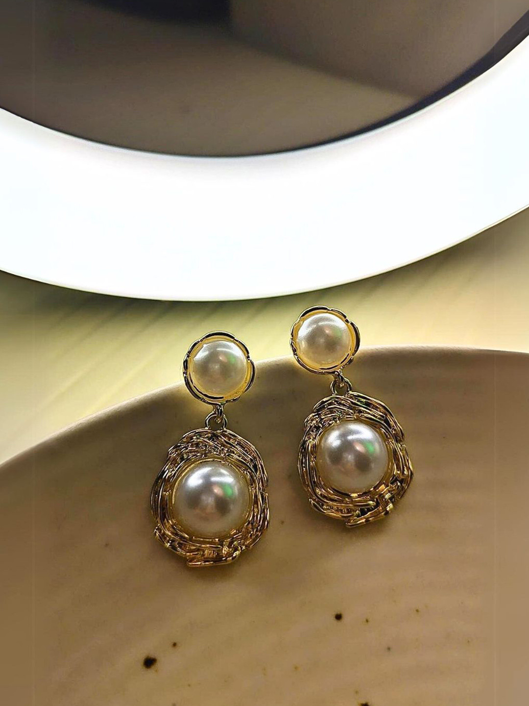 RaasRani Stainless Steel Gold-Plated Pearls Beaded Circular Shaped Drop Earrings