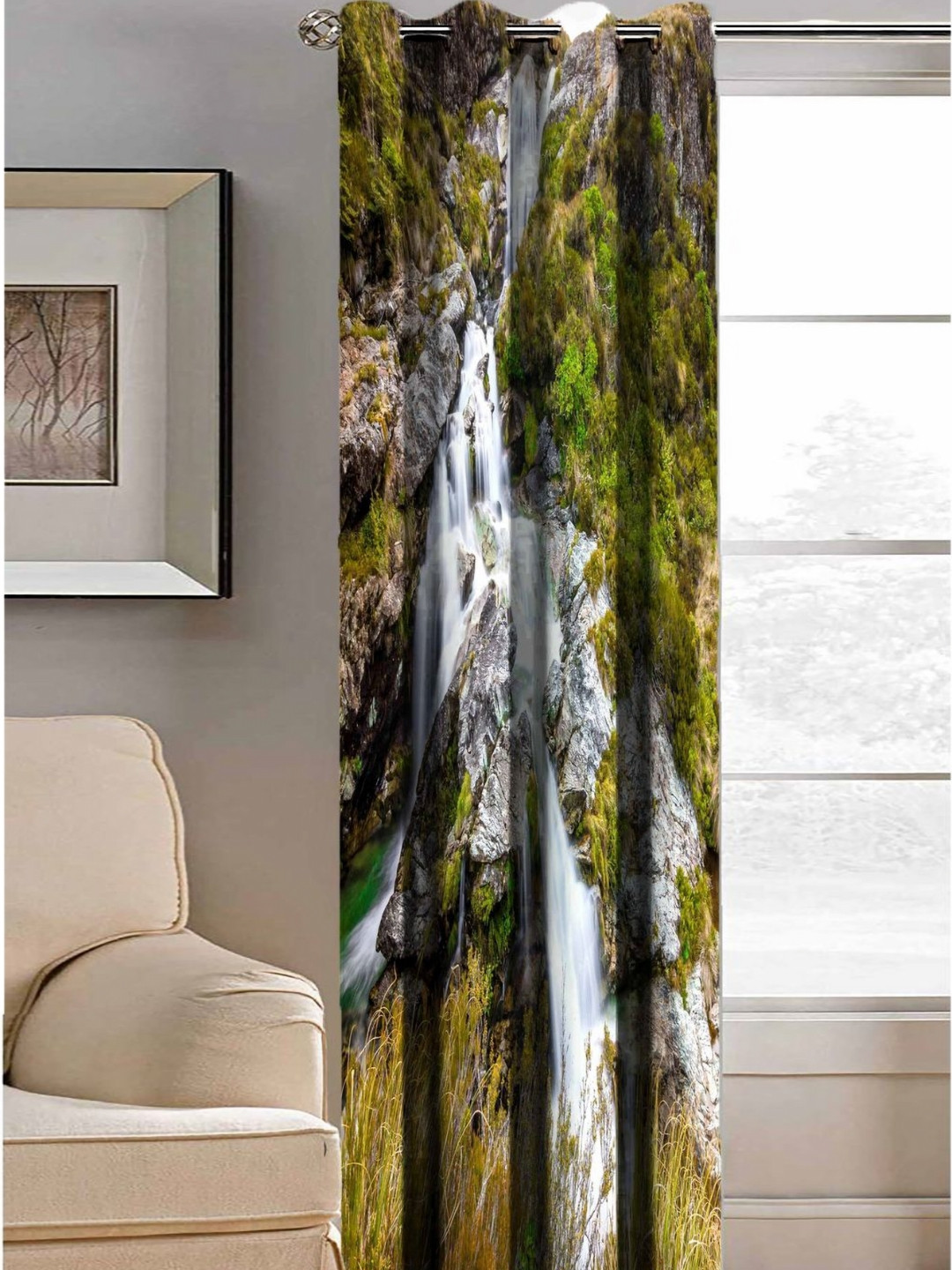 Aura Green & White Water From Hill Printed Light Blocking Long Door Curtain