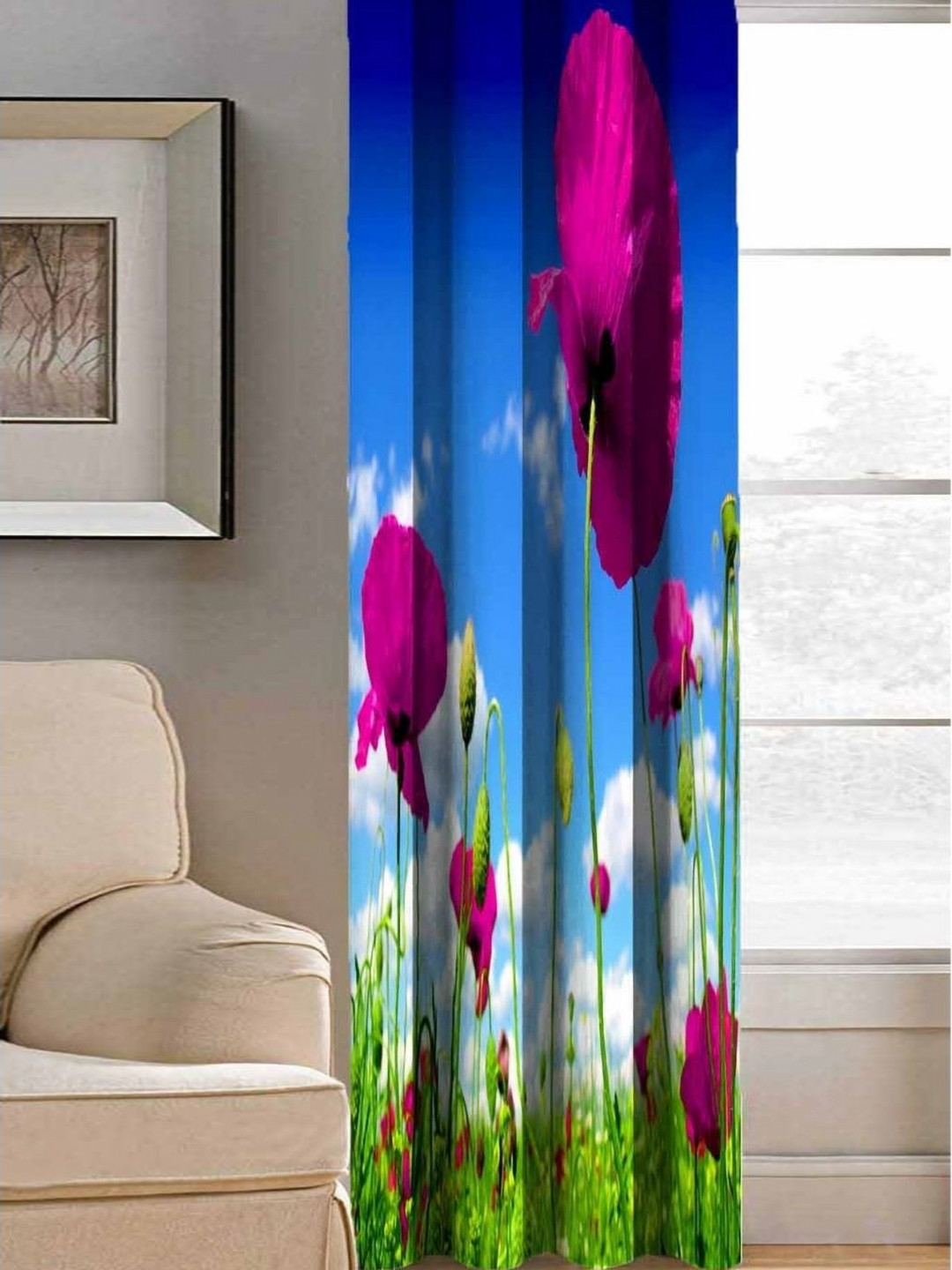 Aura Blue & Pink Floral Printed Light Blocking Long Door Curtain